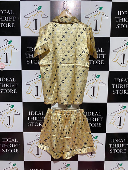 |S| A15| GOLD SILK SATIN MONOGRAM PYJAMA SHORT SET - TWO-PIECE NIGHTWEAR & LOUNGEWEAR