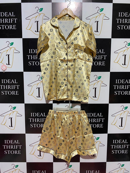 |S| A15| GOLD SILK SATIN MONOGRAM PYJAMA SHORT SET - TWO-PIECE NIGHTWEAR & LOUNGEWEAR