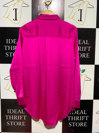 NEW LOOK |S| BUST 21| A15| MAGENTA PINK SATIN BUTTON-DOWN SHIRT - LONG SLEEVE OVERSIZED SATIN BLOUSE
