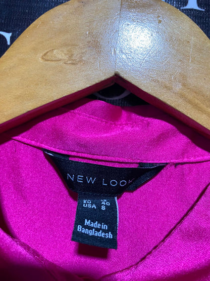 NEW LOOK |S| BUST 21| A15| MAGENTA PINK SATIN BUTTON-DOWN SHIRT - LONG SLEEVE OVERSIZED SATIN BLOUSE