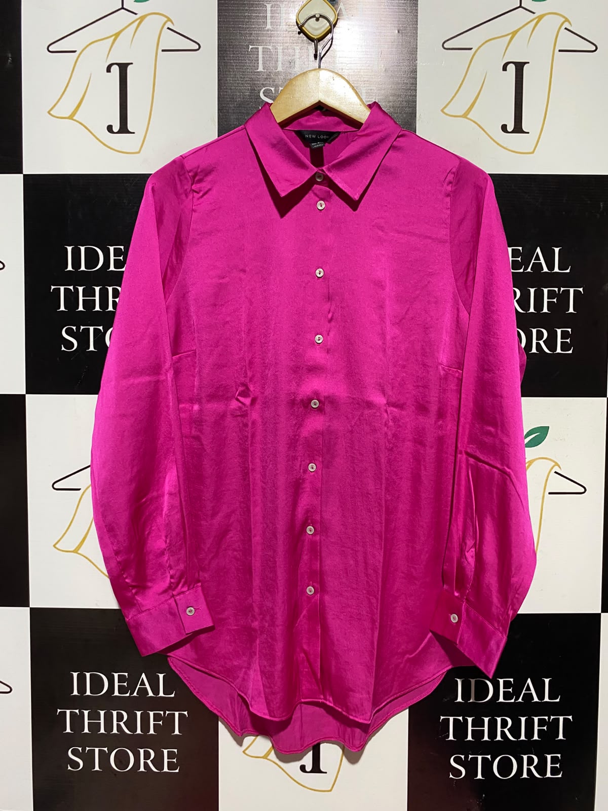 NEW LOOK |S| BUST 21| A15| MAGENTA PINK SATIN BUTTON-DOWN SHIRT - LONG SLEEVE OVERSIZED SATIN BLOUSE