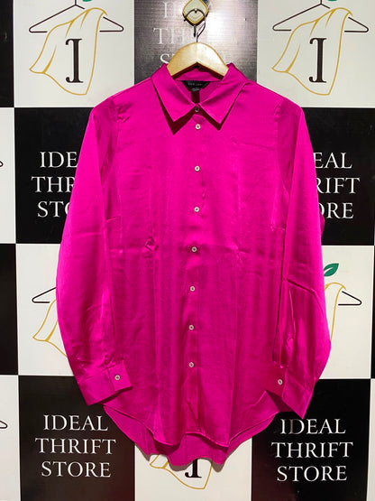 NEW LOOK |S| BUST 21| A15| MAGENTA PINK SATIN BUTTON-DOWN SHIRT - LONG SLEEVE OVERSIZED SATIN BLOUSE