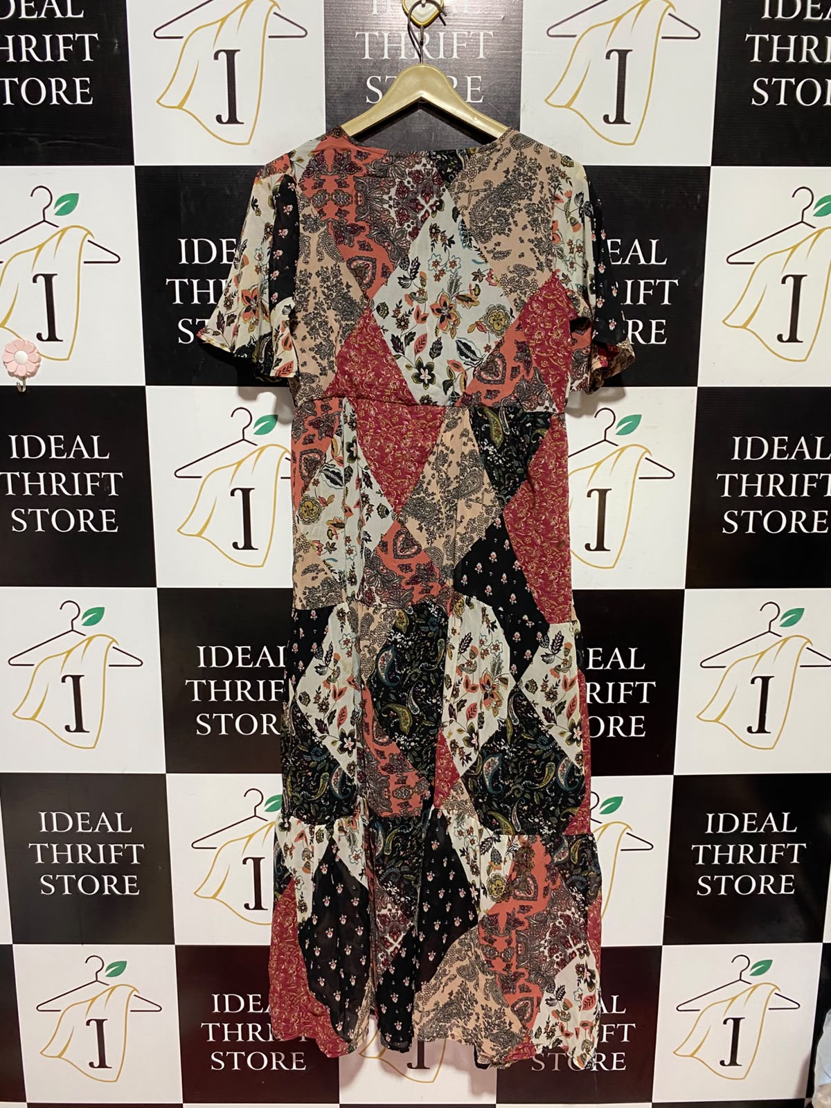 VDLFT |M| BUST 18| A15| MULTICOLOR BOHEMIAN PATCHWORK PRINT MIDI DRESS - SHORT SLEEVE TIERED CASUAL DRESS