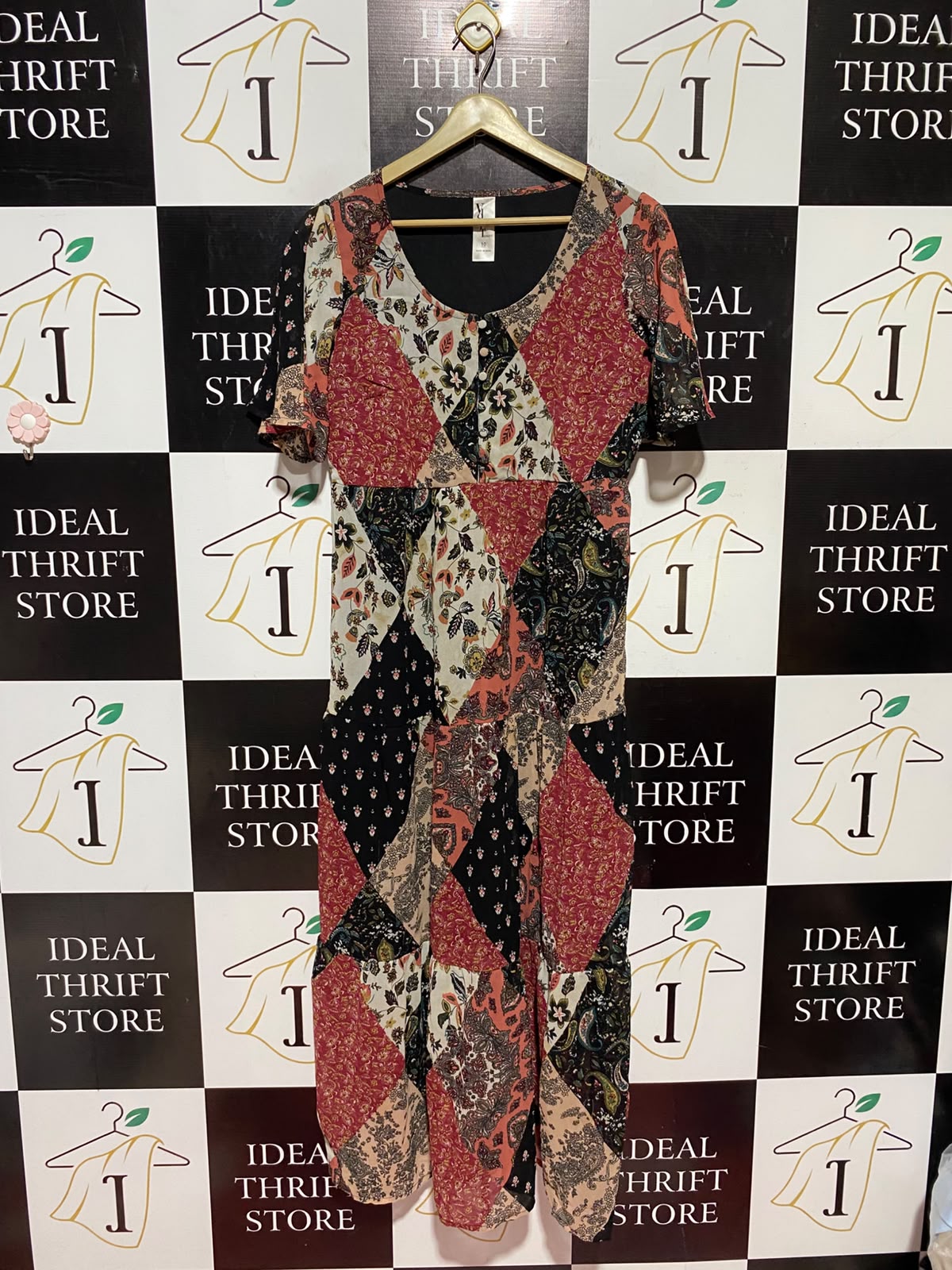 VDLFT |M| BUST 18| A15| MULTICOLOR BOHEMIAN PATCHWORK PRINT MIDI DRESS - SHORT SLEEVE TIERED CASUAL DRESS
