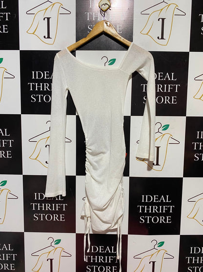 |XS| BUST 11| A15| OFF-WHITE ASYMMETRICAL RUCHED DRAWSTRING MINI DRESS - LONG SLEEVE BODYCON DRESS