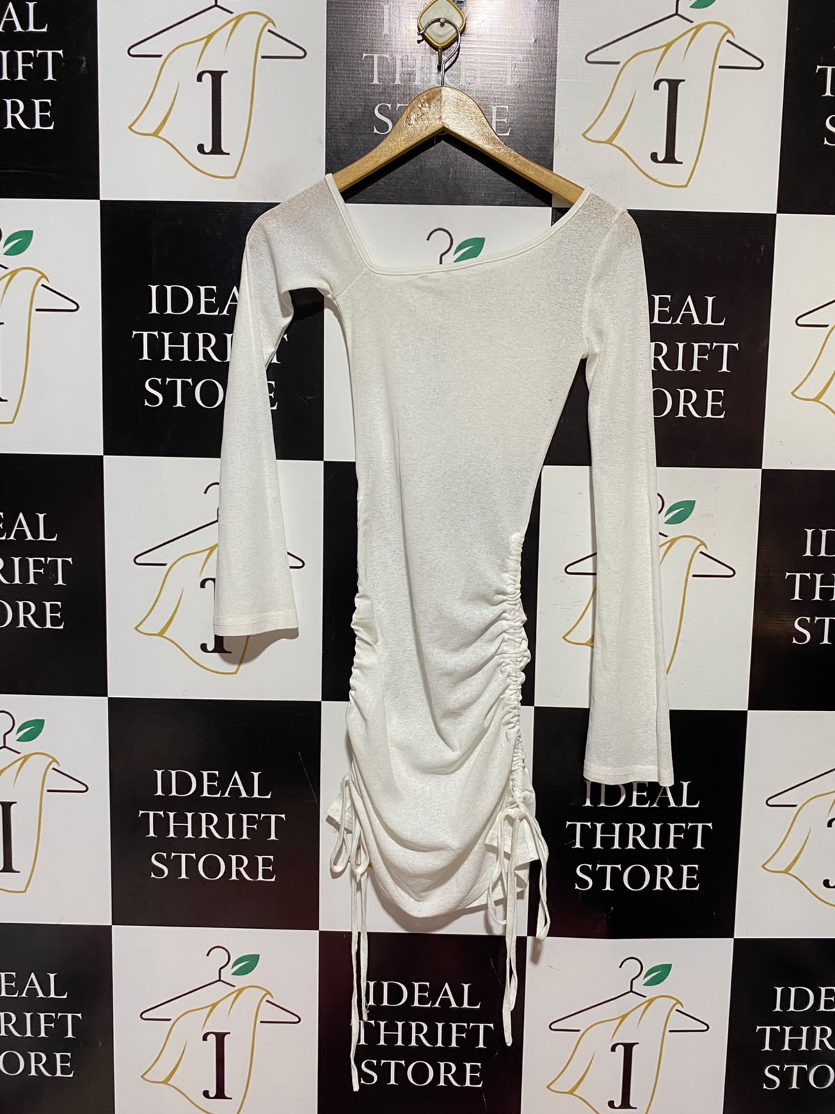 |XS| BUST 11| A15| OFF-WHITE ASYMMETRICAL RUCHED DRAWSTRING MINI DRESS - LONG SLEEVE BODYCON DRESS