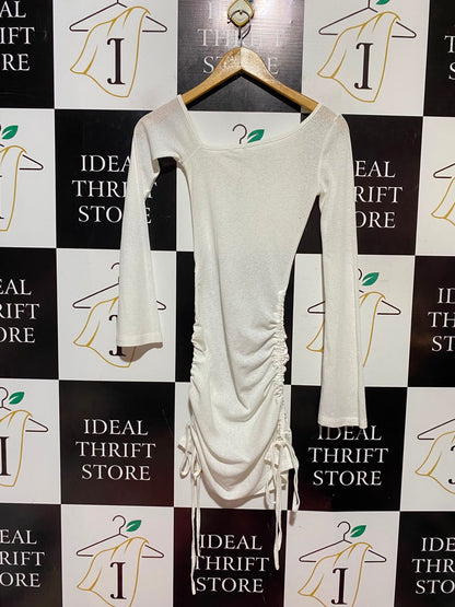 |XS| BUST 11| A15| OFF-WHITE ASYMMETRICAL RUCHED DRAWSTRING MINI DRESS - LONG SLEEVE BODYCON DRESS