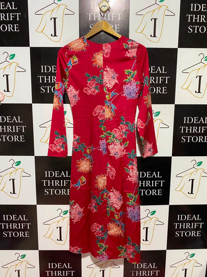 M&S |S| BUST 16| A15| RED FLORAL LACE-UP FRONT MIDI DRESS - LONG SLEEVE V-NECK DRESS