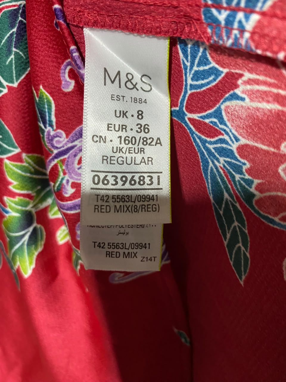 M&S |S| BUST 16| A15| RED FLORAL LACE-UP FRONT MIDI DRESS - LONG SLEEVE V-NECK DRESS