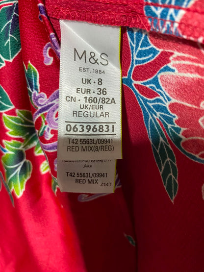 M&S |S| BUST 16| A15| RED FLORAL LACE-UP FRONT MIDI DRESS - LONG SLEEVE V-NECK DRESS