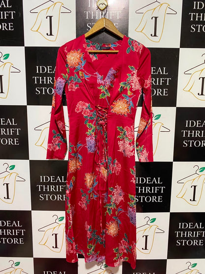 M&S |S| BUST 16| A15| RED FLORAL LACE-UP FRONT MIDI DRESS - LONG SLEEVE V-NECK DRESS