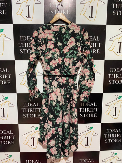 LOVE SUNSHINE |M| BUST 18| A15| BLACK & PINK FLORAL TIE-NECK MIDI DRESS - LONG SLEEVE BELTED FLORAL DRESS