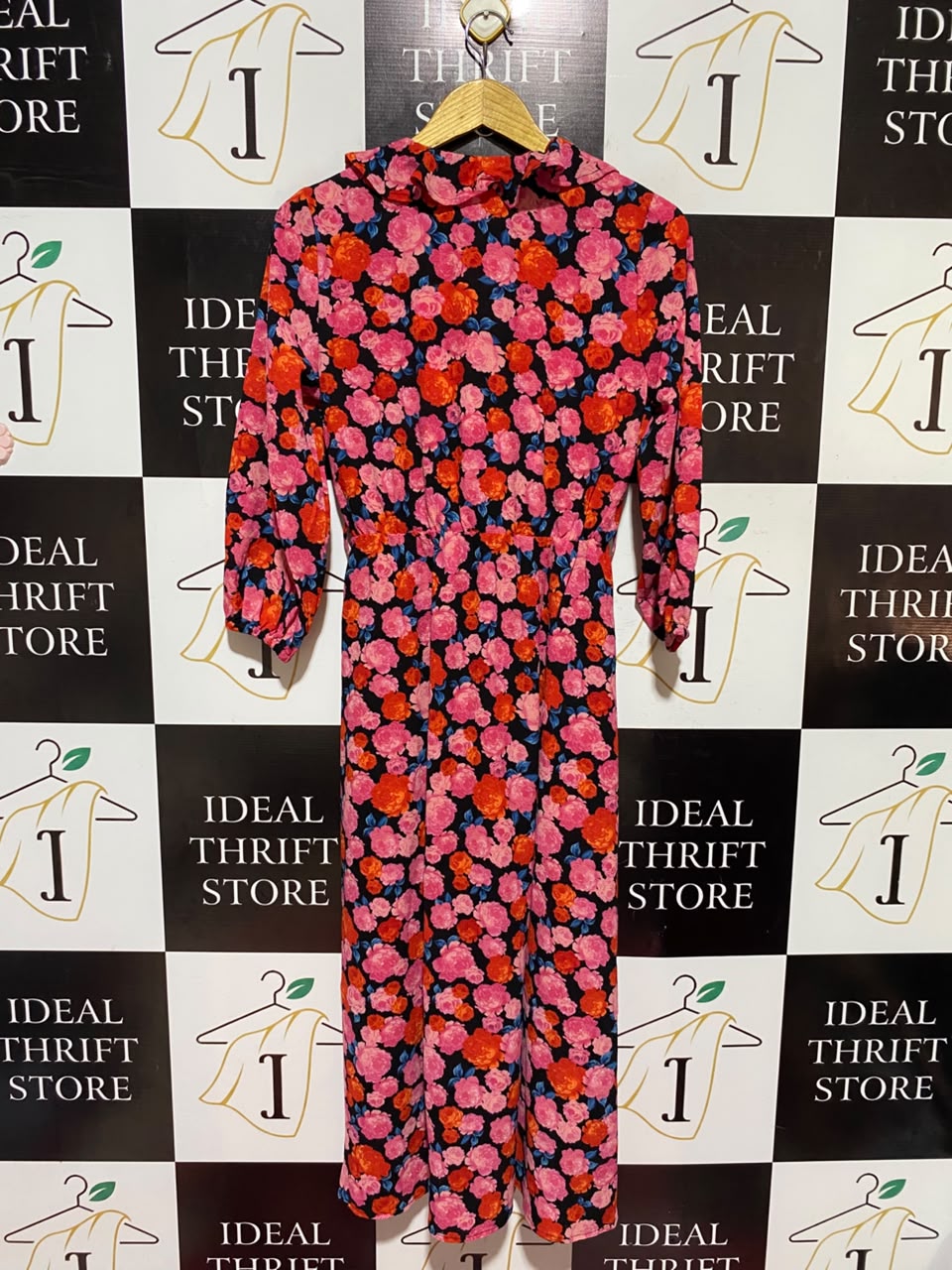 NEW LOOK |M| BUST 18| A15| RED & PINK FLORAL RUFFLE V-NECK MIDI DRESS - 3/4 SLEEVE CASUAL DRESS