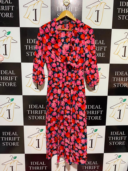 NEW LOOK |M| BUST 18| A15| RED & PINK FLORAL RUFFLE V-NECK MIDI DRESS - 3/4 SLEEVE CASUAL DRESS