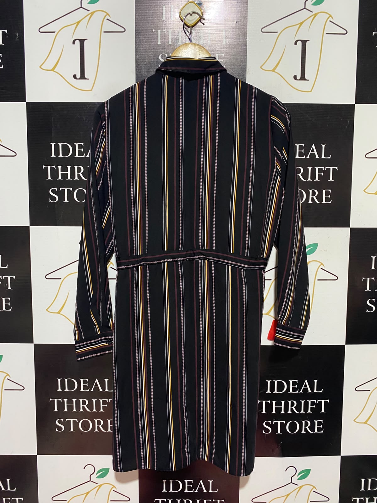 NEW LOOK |M| BUST 20| A14| BLACK MULTICOLOR STRIPED SHIRT DRESS - LONG SLEEVE DRAWSTRING CASUAL SHIRT DRESS
