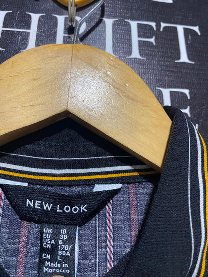 NEW LOOK |M| BUST 20| A14| BLACK MULTICOLOR STRIPED SHIRT DRESS - LONG SLEEVE DRAWSTRING CASUAL SHIRT DRESS