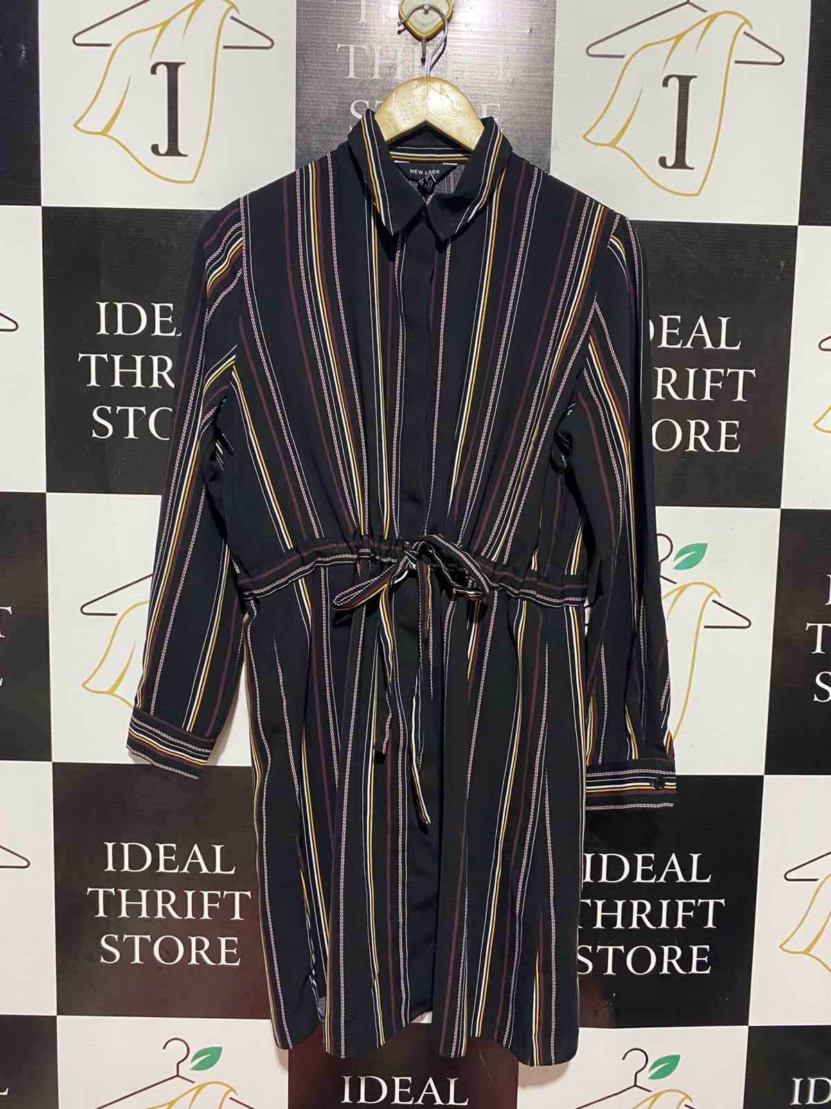 NEW LOOK |M| BUST 20| A14| BLACK MULTICOLOR STRIPED SHIRT DRESS - LONG SLEEVE DRAWSTRING CASUAL SHIRT DRESS
