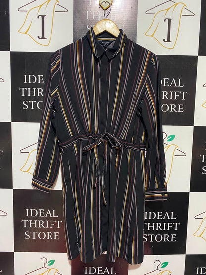 NEW LOOK |M| BUST 20| A14| BLACK MULTICOLOR STRIPED SHIRT DRESS - LONG SLEEVE DRAWSTRING CASUAL SHIRT DRESS