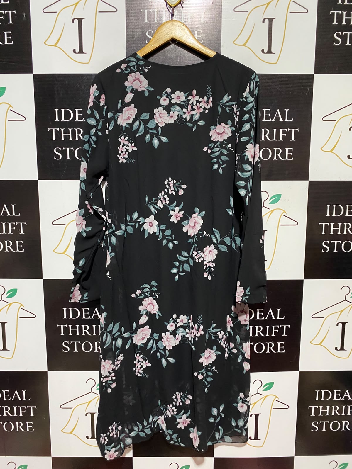 |L| BUST 20| A14| BLACK FLORAL PRINT LONG SLEEVE MIDI DRESS - ELEGANT CHIFFON SHIFT DRESS