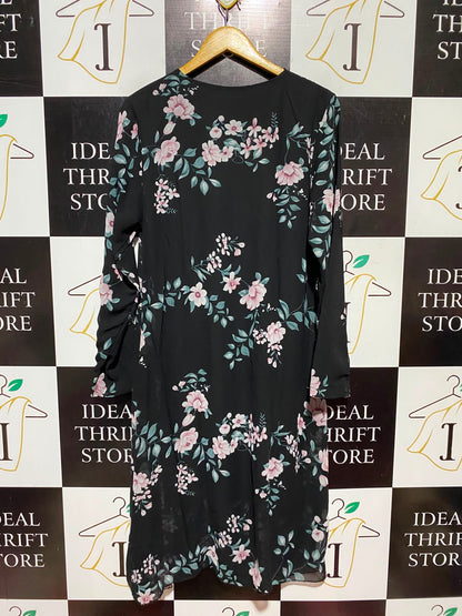 |L| BUST 20| A14| BLACK FLORAL PRINT LONG SLEEVE MIDI DRESS - ELEGANT CHIFFON SHIFT DRESS