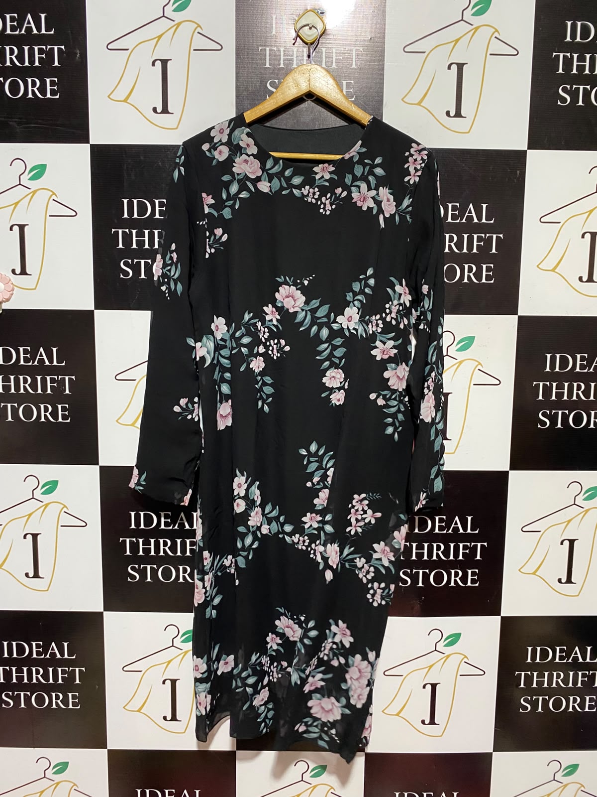 |L| BUST 20| A14| BLACK FLORAL PRINT LONG SLEEVE MIDI DRESS - ELEGANT CHIFFON SHIFT DRESS