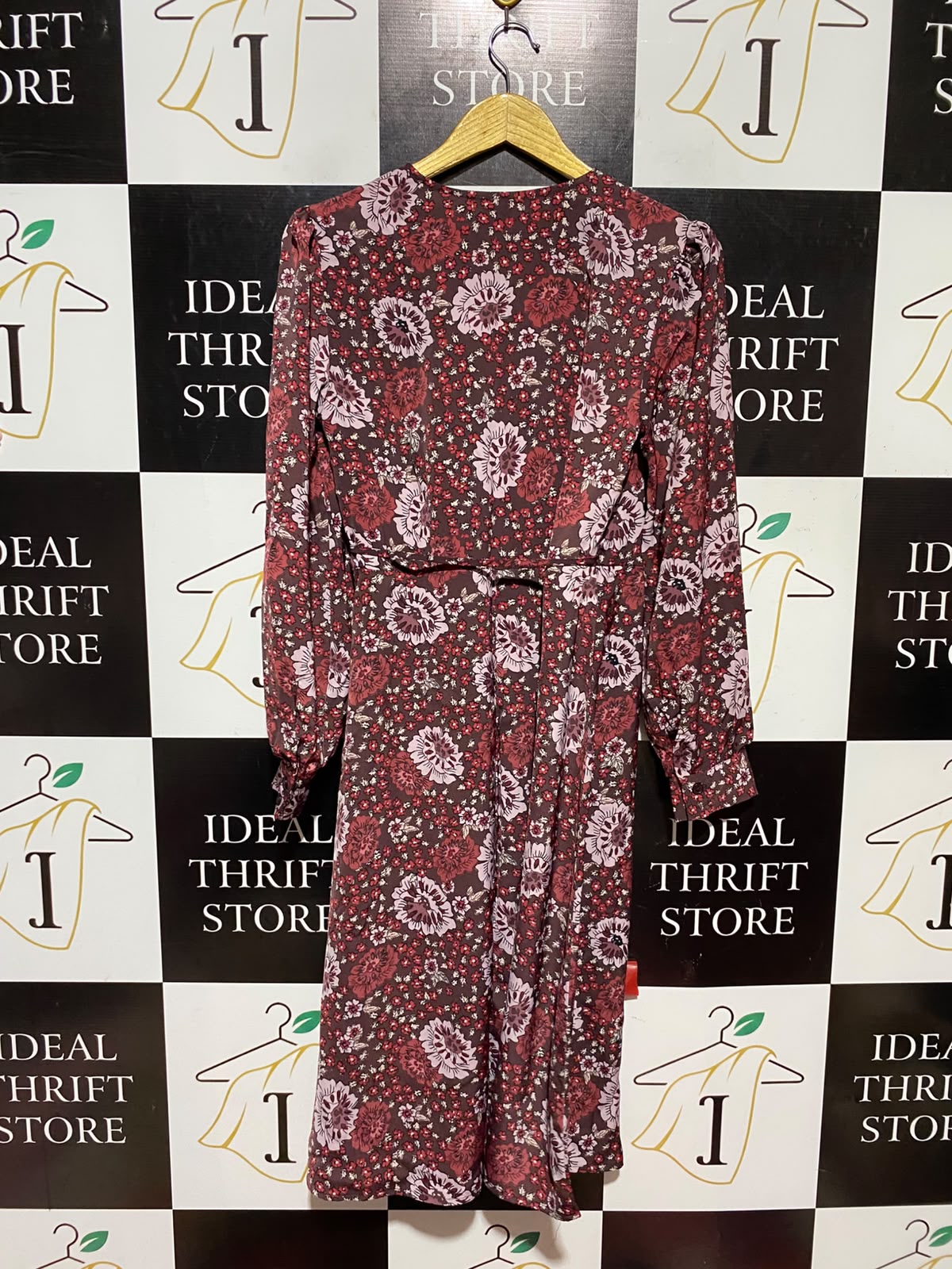JOE FRESH |S| BUST 17| A14| MAROON & PINK FLORAL WRAP MIDI DRESS - LONG SLEEVE SIDE-TIE CASUAL DRESS