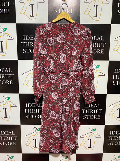 JOE FRESH |S| BUST 17| A14| MAROON & PINK FLORAL WRAP MIDI DRESS - LONG SLEEVE SIDE-TIE CASUAL DRESS
