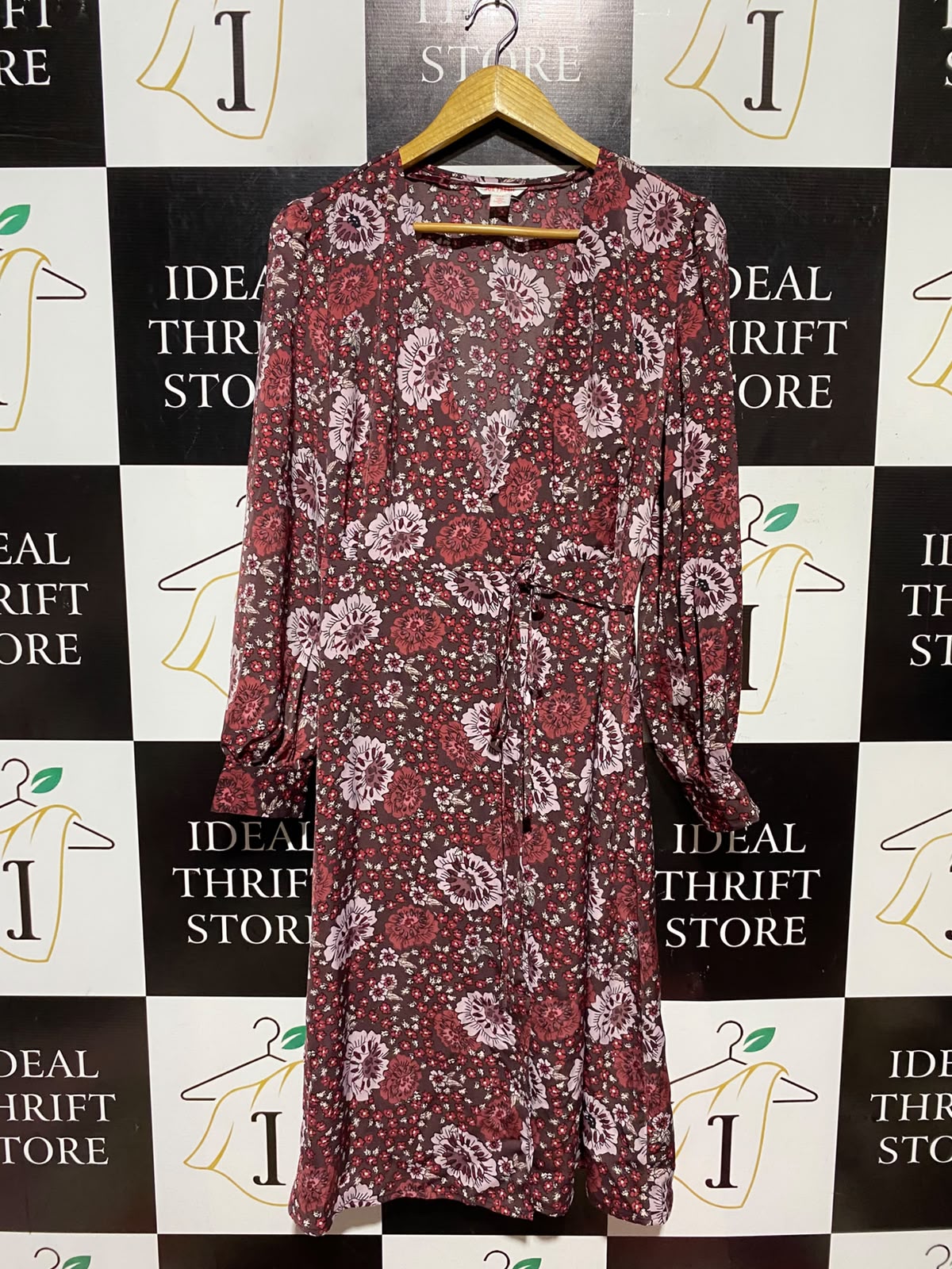 JOE FRESH |S| BUST 17| A14| MAROON & PINK FLORAL WRAP MIDI DRESS - LONG SLEEVE SIDE-TIE CASUAL DRESS