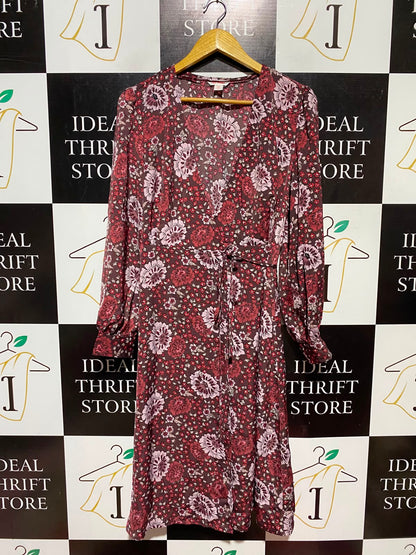 JOE FRESH |S| BUST 17| A14| MAROON & PINK FLORAL WRAP MIDI DRESS - LONG SLEEVE SIDE-TIE CASUAL DRESS