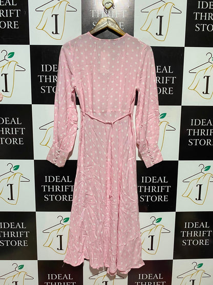 LOVE THAT LOOK |M| BUST 16| A14| LIGHT PINK & WHITE POLKA DOT MIDI DRESS - LONG SLEEVE V-NECK RUCHED BUST DRESS