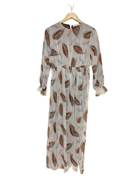 CORTIGIANI |XL| BUST 16| A15| WOMEN'S GREY & RUST LEAF PRINT CHIFFON MAXI DRESS