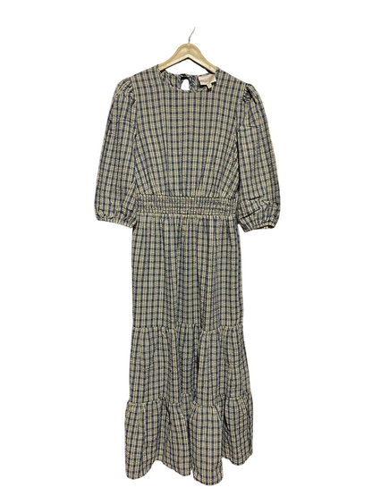 FEATHER & BONE |S| BUST 17| A16| WOMEN'S NAVY & BEIGE PLAID CHECK MAXI DRESS