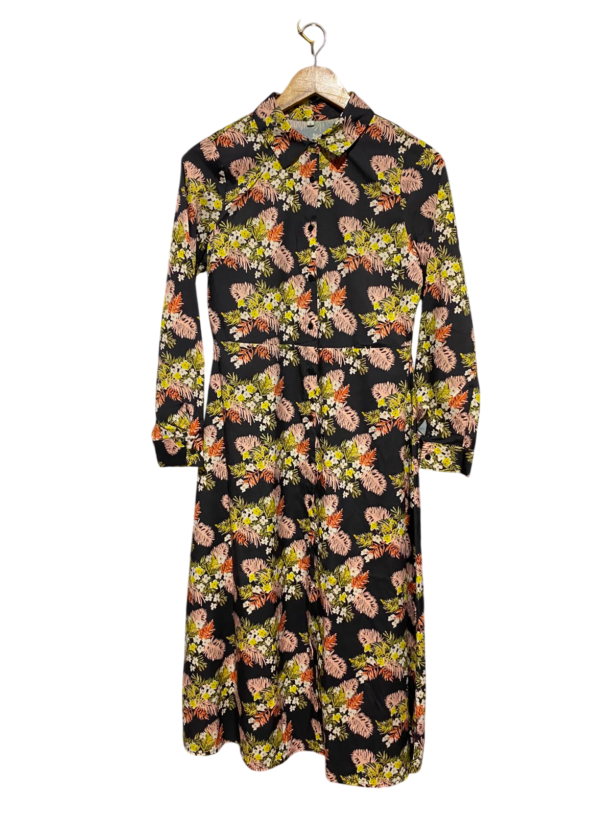 SHEIN |S| BUST 18| A16| WOMEN'S BLACK TROPICAL FLORAL PRINT MAXI SHIRT DRESS