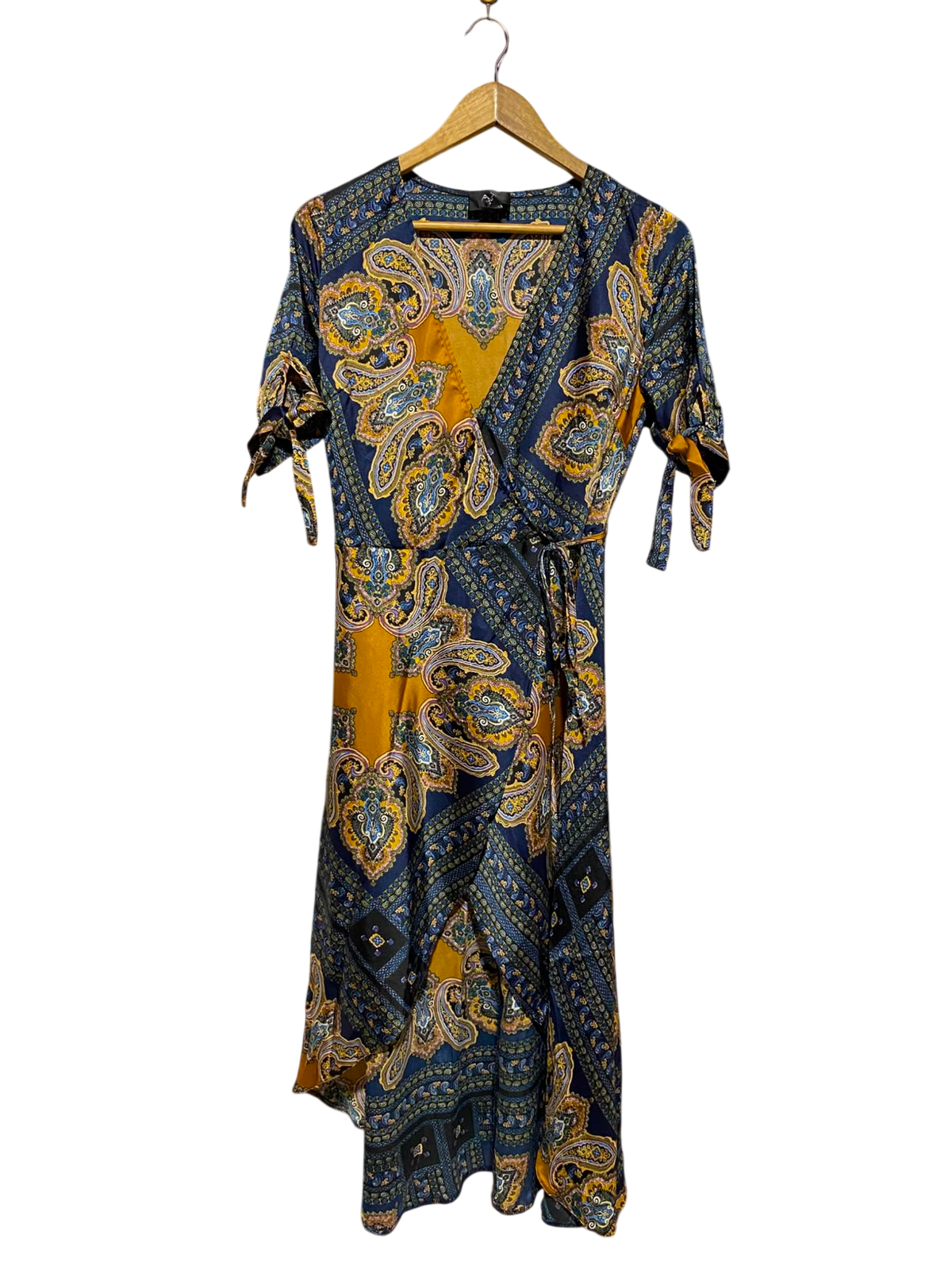 AX PARIS |S| BUST 15| A16| WOMEN'S NAVY & MUSTARD PAISLEY PRINT WRAP MAXI DRESS