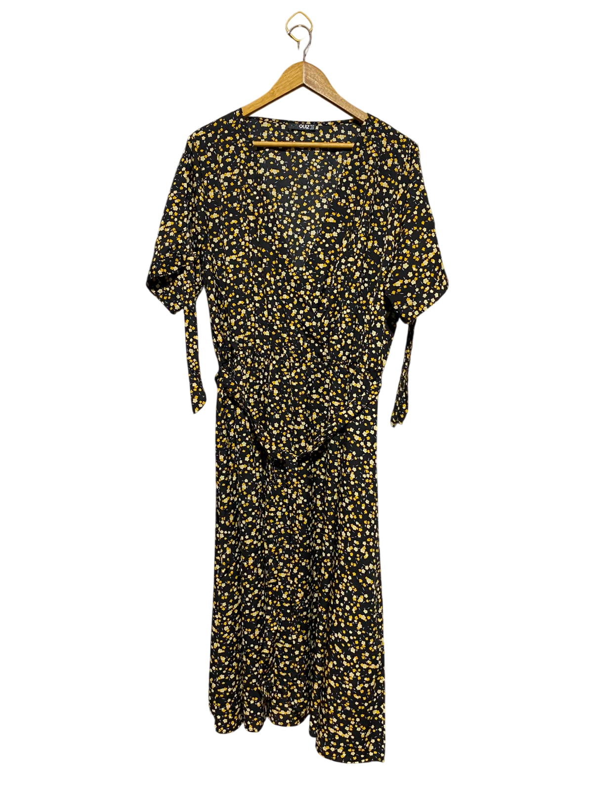 QUIZ |XL| BUST 23| A16| WOMEN'S BLACK & YELLOW DITSY FLORAL WRAP MAXI DRESS