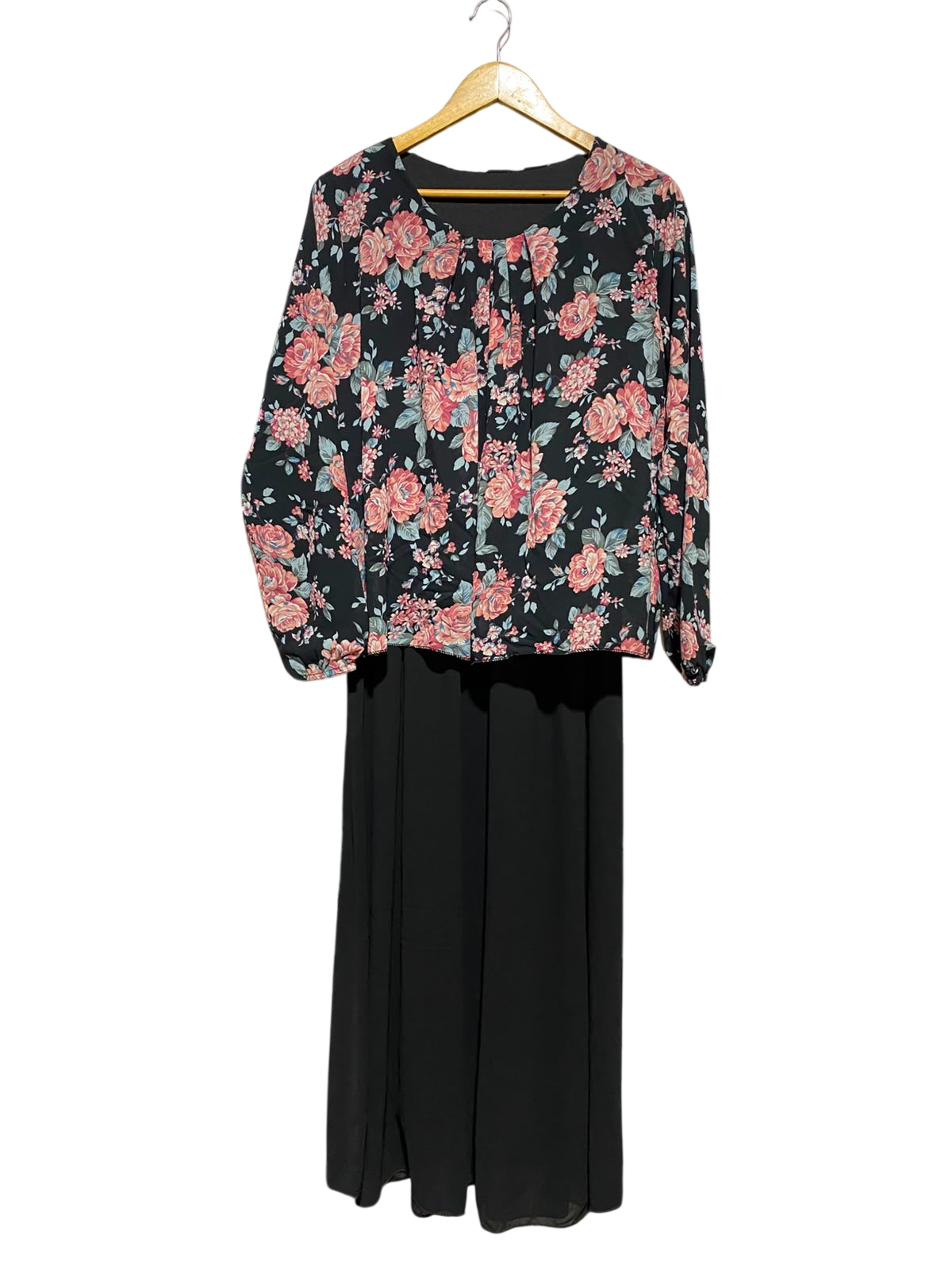 |L| BUST 20| A16| WOMEN'S BLACK & PINK FLORAL 2-PIECE LOOK MAXI DRESS