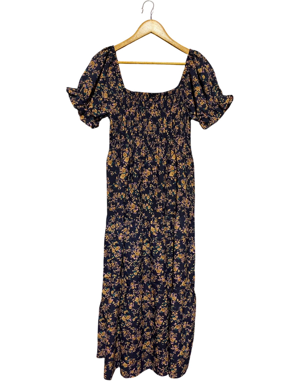 |S| BUST 14| A16| WOMEN'S BLACK & MUSTARD FLORAL SMOCKED MAXI DRESS