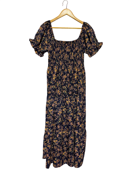 |S| BUST 14| A16| WOMEN'S BLACK & MUSTARD FLORAL SMOCKED MAXI DRESS