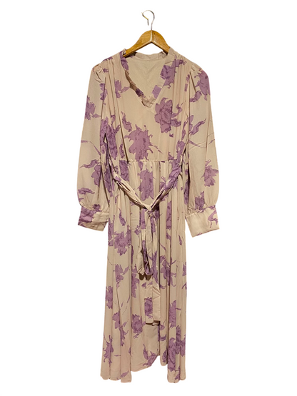 DAZY |L| BUST 19| A16| WOMEN'S BEIGE & PURPLE FLORAL PRINT MAXI DRESS - LONG SLEEVE V-NECK BELTED BOHO DRESS