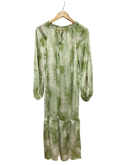 SHEIN |S| BUST 20| A16| SAGE GREEN TIE-DYE SATIN MAXI DRESS - LONG PUFF SLEEVE KEYHOLE NECK TIERED BOHO DRESS