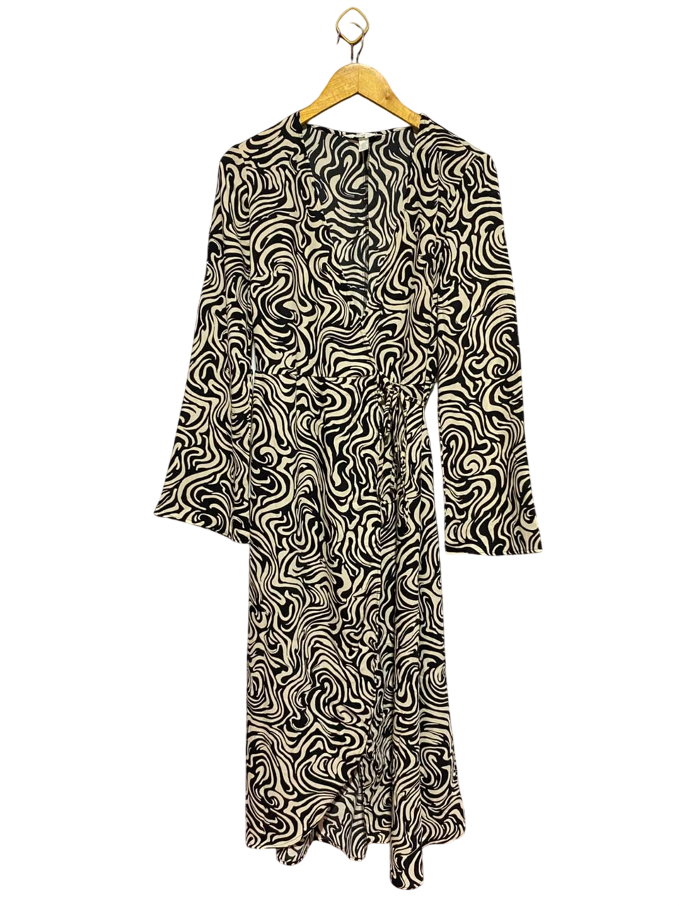 H&M |S| BUST 17| A16| BLACK & CREAM ABSTRACT SWIRL WRAP MIDI DRESS