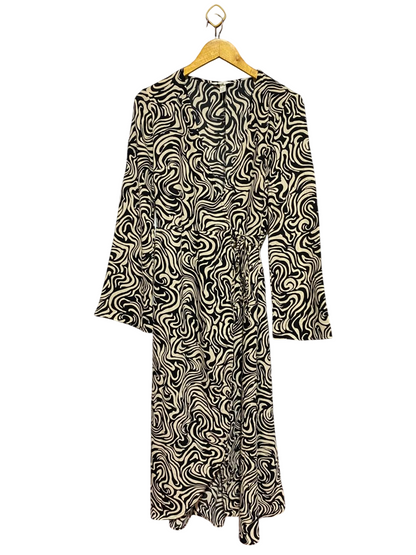 H&M |S| BUST 17| A16| BLACK & CREAM ABSTRACT SWIRL WRAP MIDI DRESS