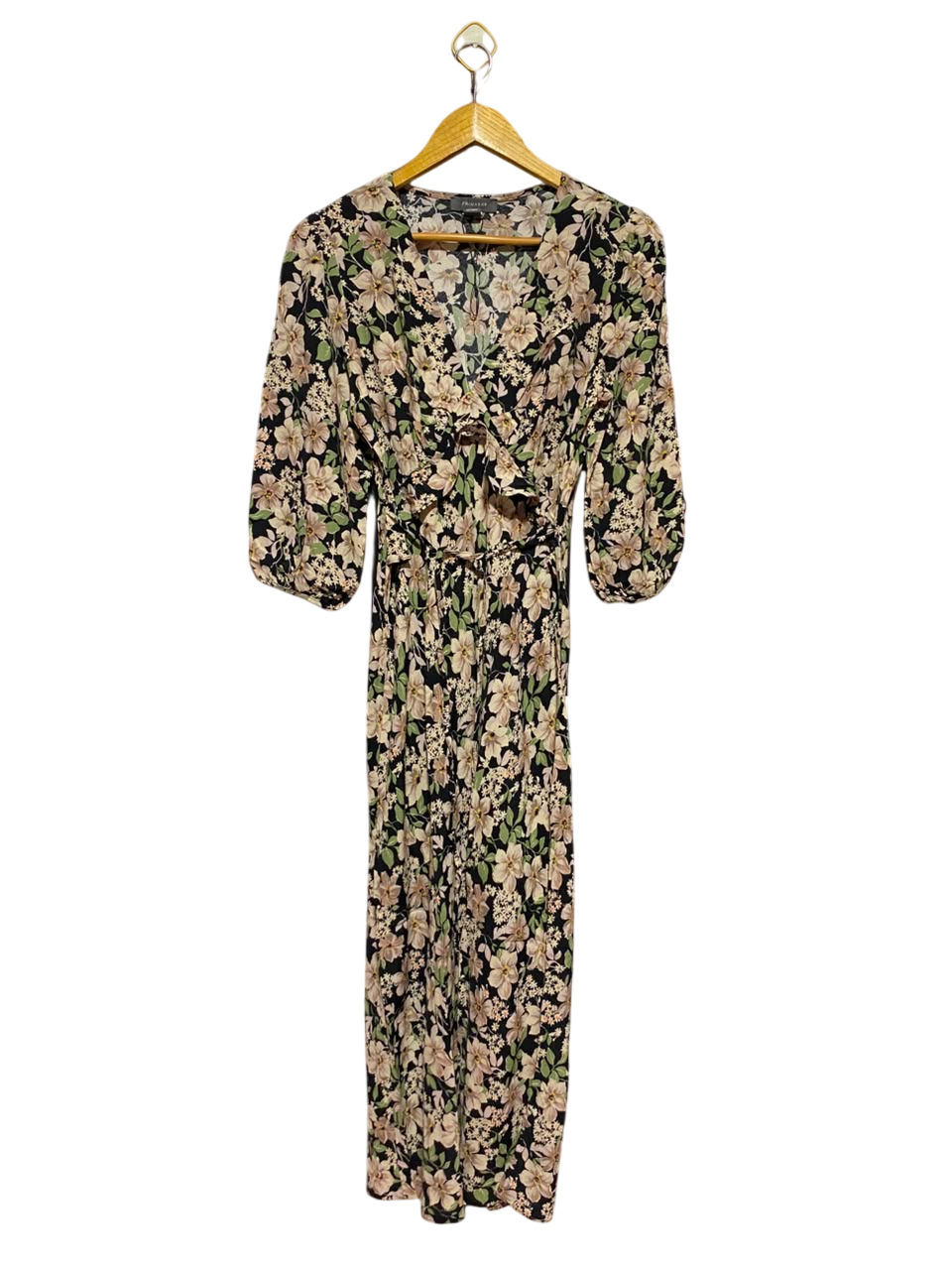 PRIMARK |S| BUST 16| A16| BLACK & BEIGE FLORAL PRINT WRAP MAXI DRESS - V-NECK HALF SLEEVE CASUAL & EVENING GOWNBLACK & BEIGE FLORAL PRINT WRAP MAXI DRESS - V-NECK HALF SLEEVE CASUAL & EVENING GOWN