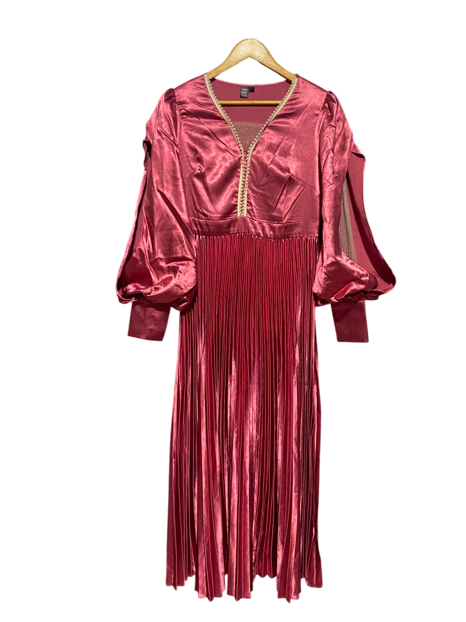 SHEIN |L| BUST 18| A16| MAROON SATIN PLEATED MAXI DRESS - EMBELLISHED V-NECK LONG PUFF SLEEVE EVENING GOWN
