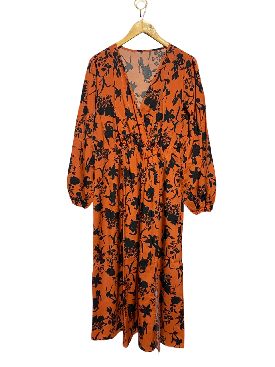 SHEIN |XL| BUST 20| A16| RUST ORANGE & BLACK FLORAL PRINT LONG SLEEVE MAXI DRESS