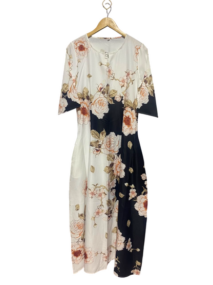 |L| BUST 19| A16| ELEGANT BLACK AND WHITE FLORAL PRINT MIDI DRESS