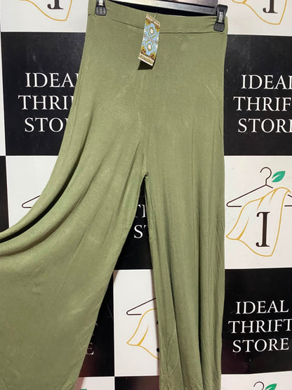 BOOHOO |M| WAIST 24| A16| OLIVE GREEN STRETCH JERSEY WIDE-LEG PALAZZO PANTS
