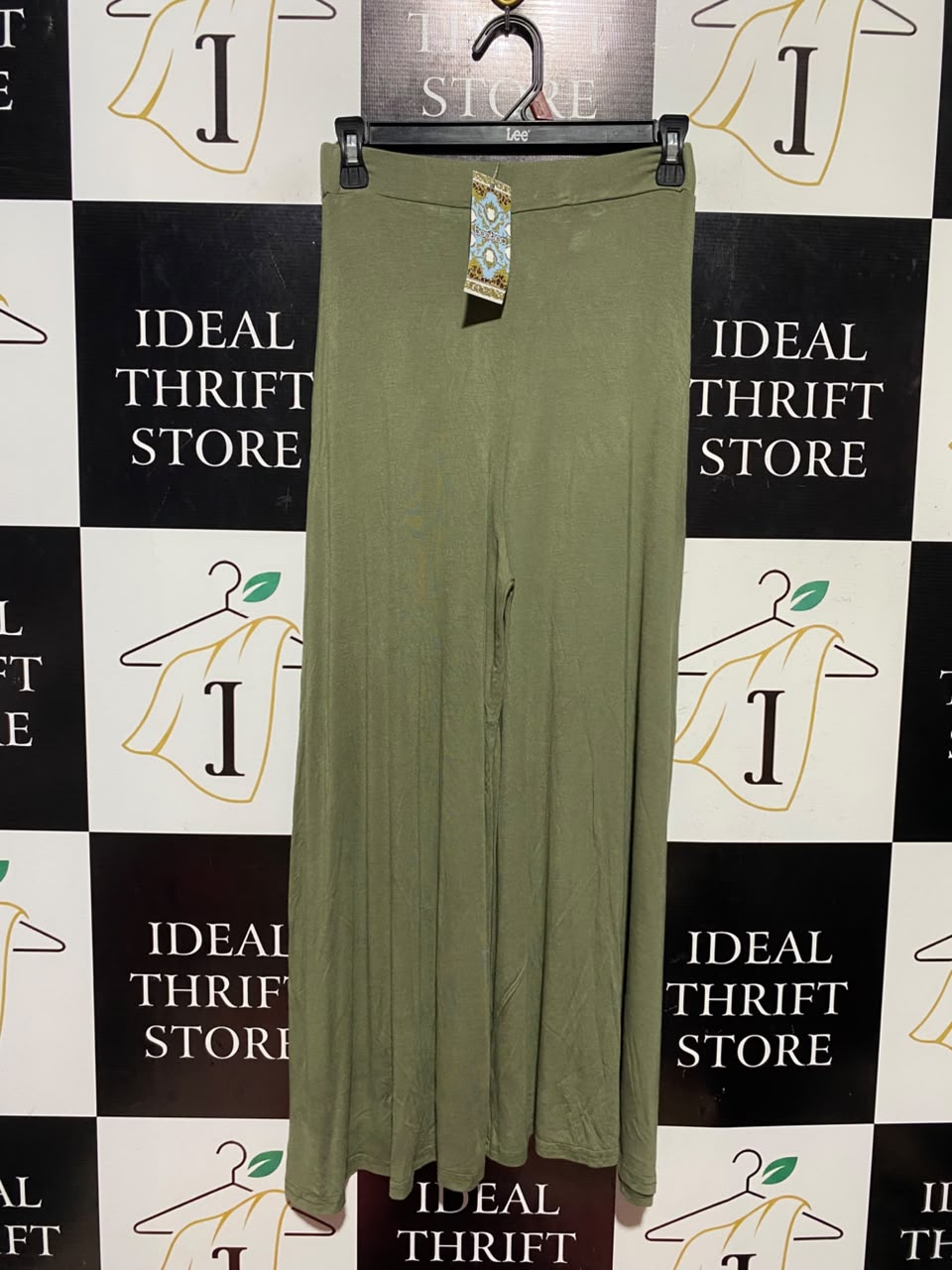 BOOHOO |M| WAIST 24| A16| OLIVE GREEN STRETCH JERSEY WIDE-LEG PALAZZO PANTS