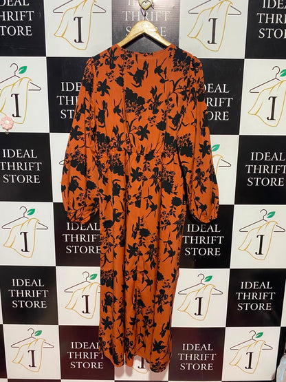 SHEIN |XL| BUST 20| A16| RUST ORANGE & BLACK FLORAL PRINT LONG SLEEVE MAXI DRESS