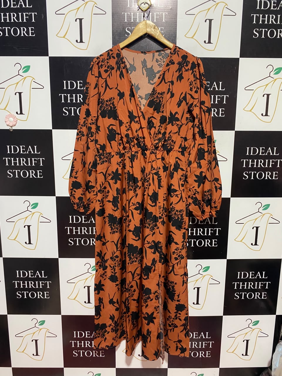 SHEIN |XL| BUST 20| A16| RUST ORANGE & BLACK FLORAL PRINT LONG SLEEVE MAXI DRESS